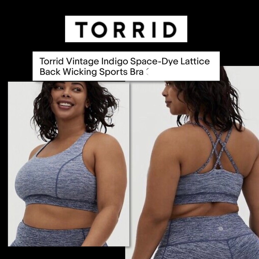 Torrid Vintage Indigo Space-Dye Lattice Back Wicking Sports Bra NWT Size 2X